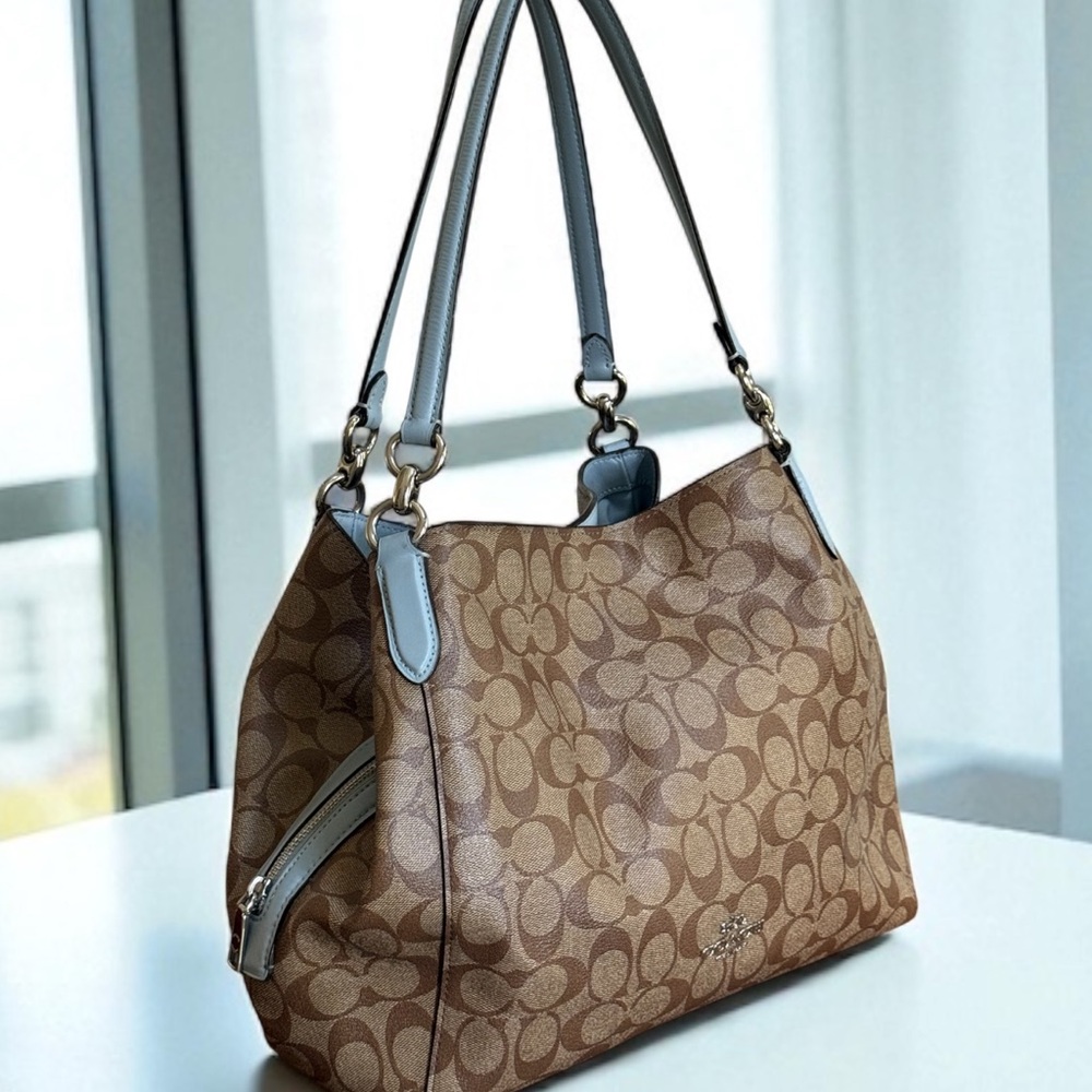 Authentic Coach Hallie Brown Lt Blue Signature Hobo Shoulder Bag - Picture 3 of 16